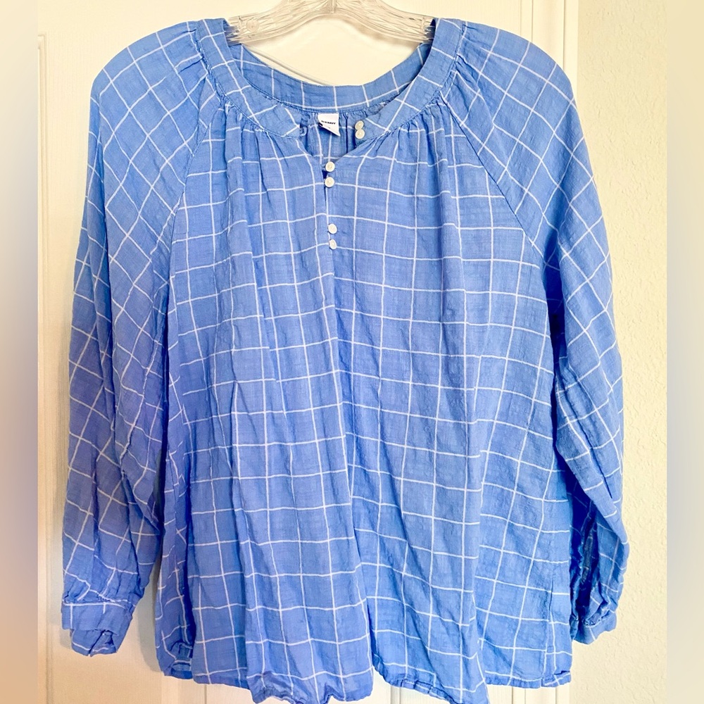 Old Navy Women’s Cotton Shirt Blouse Lightweight Blue White Plaid Medium M - Picture 2 of 7